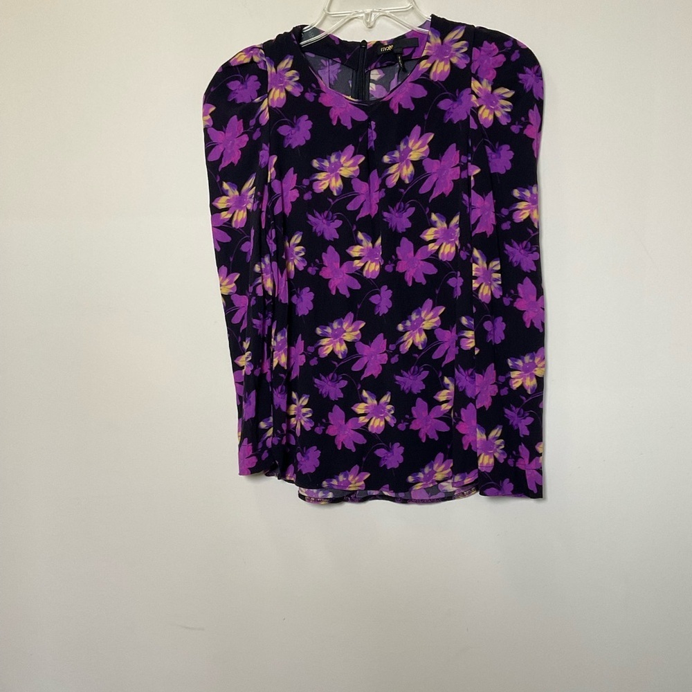 Maje Purple Lavender Floral Ruched Long Sleeve Pullover Top Size Small